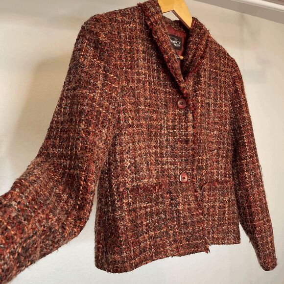 Vintage 90s Y2k Preppy Tweed Red Blazer Jacket With Fringe - Picture 2 of 6